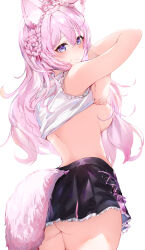Rule 34 | 1girl, absurdres, animal ear fluff, animal ears, arms up, ass, ayama nano, bare shoulders, black skirt, braid, breasts, closed mouth, clothes lift, crossed arms, hakui koyori, highres, hololive, lifting own clothes, long hair, looking at viewer, looking back, medium breasts, miniskirt, pink hair, purple eyes, raised eyebrows, shirt lift, sideboob, skirt, smile, solo, tail, undressing, virtual youtuber, wavy hair, wolf ears, wolf tail