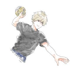 Rule 34 | 1boy, absurdres, artist name, ball, black shirt, blonde hair, closed mouth, commentary request, cool doji danshi, dated, futami shun, highres, holding, holding ball, male focus, nata kokone, outstretched arm, shirt, short hair, short sleeves, simple background, soccer ball, solo, upper body, white background