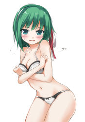 Rule 34 | 1girl, absurdres, bad id, bad pixiv id, blush, bow, bow bra, bow panties, bra, commentary request, covering privates, covering breasts, embarrassed, green eyes, green hair, hair ribbon, hairband, highres, panties, ribbon, shiki eiki, simple background, solo, techi (techi35499), touhou, underwear, underwear only, white background, white bra, white panties