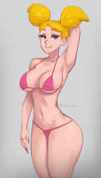 Rule 34 | 1girl, armpits, ass, bikini, blonde hair, blue eyes, breasts, dee dee, dexter&#039;s laboratory, jewelry, long eyelashes, nail polish, nails, phat smash, pink bikini, pink nails, ring, smile, solo, stomach, swimsuit, thick thighs, thighs, twintails