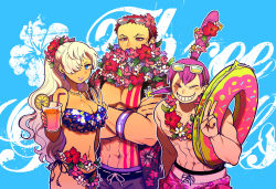 Rule 34 | 1girl, 2boys, abs, armband, bare pectorals, bikini, blonde hair, blue eyes, breasts, brother and sister, brothers, carrying, charlotte cracker, charlotte katakuri, charlotte smoothie, chest tattoo, cleavage, closed eyes, closed mouth, collarbone, covered mouth, crossed arms, cup, drinking glass, drinking straw, earrings, eyewear on head, flower, flower necklace, frilled bikini, frills, grin, hair bun, hair flower, hair ornament, hair over one eye, hand in pocket, hand up, hands up, hawaiian shirt, highres, holding, holding cup, holding drinking glass, innertube, jewelry, kinakotatu, leaning forward, lei, lips, long hair, looking at another, looking at viewer, male swimwear, multiple boys, muscular, muscular male, navel, necklace, no eyebrows, one piece, open clothes, open shirt, pectorals, ponytail, purple hair, purple male swimwear, purple swim trunks, red eyes, red hair, scar, shirt, short hair, siblings, single hair bun, smile, standing, stitches, stomach, stomach tattoo, sunglasses, swim ring, swim trunks, swimsuit, tan, tattoo, topless, topless male, upper body, v, wide ponytail