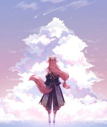 Rule 34 | 1girl, almsiivi, animal ears, back, back bow, bare shoulders, black bow, black dress, bow, cloud, cloudy sky, detached sleeves, dress, falling star, floral print, flower, fox ears, fox girl, fox tail, genshin impact, gold, gradient sky, hair ornament, highres, japanese clothes, jewelry, kimono, long hair, long sleeves, low-tied long hair, pink hair, pink sky, purple flower, purple sky, reflection, sky, solo, standing, star (sky), starry sky, sunset, tail, water, wide sleeves, yae miko