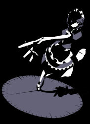 Rule 34 | 1girl, apron, black theme, clock, dagger, dark, expressionless, female focus, greyscale, izayoi sakuya, knife, looking at viewer, maid headdress, monochrome, outstretched arm, pointer, puffy short sleeves, puffy sleeves, ritsu (roboroboro), short sleeves, solo, standing, touhou, waist apron, weapon