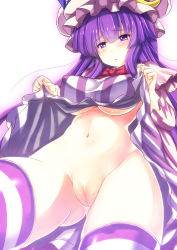 Rule 34 | 1girl, blush, bottomless, breasts, capelet, cleft of venus, clothes lift, crescent, crescent hair ornament, dress, dress lift, ebi 193, hair ornament, hat, large breasts, long hair, mob cap, navel, no bra, no panties, open mouth, patchouli knowledge, purple eyes, purple hair, pussy, solo, striped clothes, striped dress, striped thighhighs, thighhighs, touhou, uncensored, underboob