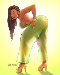 Rule 34 | 1girl, 2022, absurdres, alt text, ass, asymmetrical hair, backless outfit, backlighting, baggy pants, bangle, bent over, black hair, bracelet, breasts, brown eyes, capcom, commentary, cornrows, dark-skinned female, dark skin, ear piercing, earrings, english commentary, full body, gold footwear, green pants, halterneck, hand on own hip, hand on own knee, highres, hoop earrings, jewelry, large breasts, laura matsuda, long hair, long legs, mole, mole on breast, no bra, pants, piercing, platform footwear, platform heels, quasimodox, ring, see-through, see-through pants, sideboob, signature, solo, strap gap, street fighter, street fighter v, turning head, very dark skin
