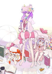 Rule 34 | 3girls, barefoot, bat wings, bespectacled, blonde hair, book, bow, cake, charisma guard, crescent, crescent moon, dress, drinking straw, feet, female focus, flandre scarlet, food, glasses, hair bow, hat, hiding, highres, long hair, lying, moon, multiple girls, open book, patchouli knowledge, ponytail, purple eyes, purple hair, puuakachan, reading, red eyes, remilia scarlet, short hair, side ponytail, squatting, touhou, under skirt, wings