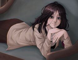 Rule 34 | 1girl, bags under eyes, black eyes, black hair, brown skirt, collared shirt, couch, jacket, looking at viewer, lying, marley military uniform, messy hair, on couch, on stomach, open clothes, open jacket, own hands together, pieck finger, raised eyebrow, shingeki no kyojin, shirt, skirt, solo, twitter username, white shirt, yerueriart