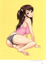 Rule 34 | 00s, 1girl, 2006, artbook, ass, barefoot, blue eyes, brown hair, feet, flower, full body, hair ornament, happoubi jin, highres, lips, long hair, panties, soles, solo, striped clothes, striped panties, sweet body, toes, underwear