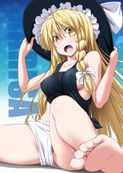 Rule 34 | 1girl, :d, bare arms, bare legs, bare shoulders, barefoot, black tank top, blonde hair, braid, breasts, character name, collarbone, commentary request, dolphin shorts, fang, feet, hair between eyes, hands on headwear, hat, kirisame marisa, looking at viewer, medium breasts, micro shorts, nori tamago, open mouth, shorts, side braid, sideboob, single braid, sitting, smile, soles, solo, tank top, toes, touhou, upshorts, yellow eyes