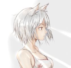 Rule 34 | 1girl, absurdres, animal ears, bare shoulders, breasts, cleavage, collarbone, highres, inubashiri momiji, lumo 1121, no headwear, profile, red eyes, short hair, silver hair, simple background, solo, touhou, wolf ears