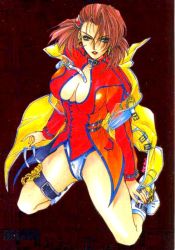 Rule 34 | belt, belt collar, breasts, cleavage, collar, earrings, green eyes, hoop earrings, jewelry, leather, legs, leotard, nail polish, official art, psychic force, red hair, red leather, red nails, regina belford, taito, thigh strap, thighs