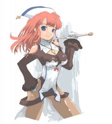 Rule 34 | 1girl, bare hips, bare shoulders, blue eyes, breasts, covered navel, cross, curvy, gloves, hand on own hip, hat, la pucelle, large breasts, looking at viewer, miyano ururu, mole, mole under eye, nippon ichi, pantyhose, prier, red eyes, red hair, solo, thighs, wand, white gloves, wide hips
