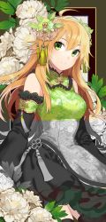 Rule 34 | 1girl, 72producer, absurdres, ahoge, artist request, bell, black thighhighs, blonde hair, breasts, chinese clothes, cowboy shot, detached sleeves, dress, floral background, flower, frilled dress, frills, green background, green dress, green eyes, hair bell, hair between eyes, hair flower, hair ornament, highres, hoshii miki, idolmaster, idolmaster (classic), jingle bell, leaf, long hair, looking at viewer, multicolored clothes, multicolored dress, peony (flower), smile, solo, tassel, thighhighs, zettai ryouiki