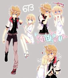 Rule 34 | 1boy, 1girl, anoko (darenokoanoko), bare shoulders, blonde hair, blue eyes, blue footwear, blush, closed mouth, dress, full body, grey background, hair between eyes, hands on own face, heart, kingdom hearts, kingdom hearts ii, long hair, looking at viewer, namine, outline, pants, roxas, sandals, short dress, short hair, sitting, smile, spiked hair, translation request, white dress, white outline, wristband