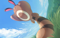 Rule 34 | :3, black eyes, closed mouth, cloud, commentary request, creatures (company), day, game freak, gen 2 pokemon, grass, naoki eguchi, nintendo, no humans, outdoors, pokemon, pokemon (creature), sentret, sky, smile, solo