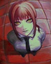 Rule 34 | 1girl, black necktie, chainsaw man, collared shirt, from above, highres, looking at viewer, looking up, makima (chainsaw man), medium hair, necktie, perspective, red hair, ringed eyes, shirt, sidelocks, tile floor, tiles, white shirt, yellow eyes, yohohoi