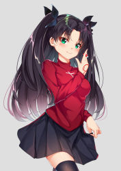 Rule 34 | 1girl, absurdres, bad id, bad pixiv id, black hair, black skirt, black thighhighs, blue eyes, blush, breasts, brown hair, catnnn, commentary request, fate/stay night, fate (series), green eyes, grey background, hair ribbon, highres, holding, long hair, long sleeves, looking at viewer, medium breasts, pleated skirt, ribbon, simple background, skirt, smile, solo, thighhighs, tohsaka rin, twintails, two side up