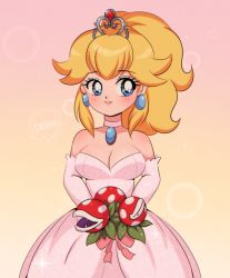 Rule 34 | 1girl, aqua eyes, blonde hair, blue eyes, blush, bouquet, breasts, bride, bubble background, chellyko, choker, cleavage, dress, earrings, flower, gloves, heart, highres, holding, jewelry, long hair, mario (series), medium breasts, necklace, nintendo, pink background, piranha plant, ponytail, princess peach, princess peach (wedding), retro artstyle, signature, smile, solo, super mario odyssey, tiara, two-tone background, wedding, wedding dress, white dress, white gloves, yellow background