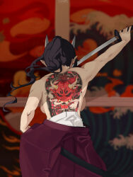 1girl absurdres ameiarts back back_tattoo backboob black_hair breasts cowboy_shot from_behind highres holding holding_sword holding_weapon horns japanese_clothes katana large_breasts long_hair original outstretched_arm pointy_ears ponytail solo sword tattoo topless weapon