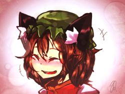Rule 34 | 1girl, amaneryuusei, animal ears, bad id, bad pixiv id, blush, brown hair, cat ears, cat girl, chen, close-up, closed eyes, female focus, hat, laughing, short hair, solo, tears, touhou