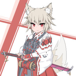 Rule 34 | 1girl, :|, absurdres, animal ears, antennae, artist name, blonde hair, body armor, canister, closed mouth, commentary request, earplugs, fingerless gloves, fox ears, fox girl, fox tail, gloves, hakama, hakama skirt, highres, hikimayu, holding, holding sword, holding weapon, japanese clothes, katana, kimono, looking at viewer, miko, original, pouch, red eyes, red gloves, red hakama, sheath, sheathed, short eyebrows, short hair, simple background, skirt, striped, striped background, sword, tactical clothes, tail, tsurime, tube, upper body, weapon, white background, white kimono, wide sleeves, wolfkine