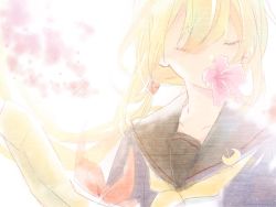 Rule 34 | 1girl, black sailor collar, blonde hair, closed eyes, crescent, flower, hair between eyes, hibiscus, kantai collection, long hair, low twintails, mouth hold, neckerchief, pink flower, rinto (rint rnt), sailor collar, satsuki (kancolle), satsuki kai ni (kancolle), simple background, solo, twintails, upper body, very long hair, yellow neckerchief