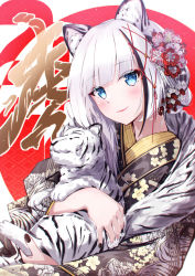 Rule 34 | 1girl, absurdres, animal, animal ear fluff, animal ears, black nails, blue eyes, blunt bangs, blush, closed mouth, commentary request, daidai (daidai826), floral print, flower, fur trim, hair flower, hair ornament, hair ribbon, highres, holding, holding animal, japanese clothes, kimono, long sleeves, looking at viewer, nail polish, original, print kimono, ribbon, silver hair, smile, solo, tiger, tiger ears, upper body, white tiger