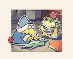 Rule 34 | 2boys, bandana, blue headwear, blue robe, border, bowser jr., bracelet, claws, clenched hands, closed mouth, commentary request, fang, fang out, glasses, hat, horns, indoors, jewelry, kamek, kneeling, long sleeves, mario (series), multiple boys, nintendo, opaque glasses, origami, outside border, paper, paper hat, paper kabuto, paper mario, paper mario: the origami king, red footwear, red hair, rinabee (rinabele0120), robe, round eyewear, shoes, smile, solid oval eyes, spiked shell, spikes, standing, turtle shell, v-shaped eyebrows, white bandana, white border