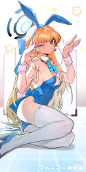 Rule 34 | 1girl, absurdres, animal ears, bare shoulders, blonde hair, blue archive, blue bow, blue bowtie, blue eyes, blue footwear, bow, bowtie, breasts, cleavage, closed mouth, detached collar, fake animal ears, halo, headset, highres, long hair, looking at viewer, medium breasts, movik, official alternate costume, one eye closed, rabbit ears, shoes, sitting, solo, star (symbol), thighhighs, toki (blue archive), toki (bunny) (blue archive), twitter username, white thighhighs
