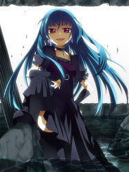 Rule 34 | 1girl, :d, backlighting, black thighhighs, blue hair, choker, collar, dress, earrings, elbow gloves, gloves, hand on own hip, highres, jewelry, long hair, looking at viewer, open mouth, original, purple eyes, red eyes, smile, solo, thighhighs, wading, water, yodobashi yuo, zettai ryouiki