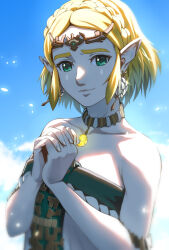 Rule 34 | 1girl, bare shoulders, blonde hair, blue sky, braid, closed mouth, cloud, collarbone, commentary, crown braid, delsaber, dress, earrings, facial mark, green eyes, jewelry, looking at viewer, magatama, magatama necklace, necklace, nintendo, own hands together, pointy ears, princess zelda, short hair, sky, smile, solo, strapless, strapless dress, teardrop facial mark, the legend of zelda, the legend of zelda: tears of the kingdom, white dress