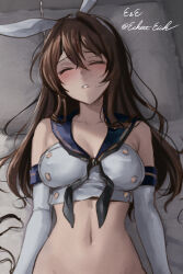 Rule 34 | 1girl, ashigara (kancolle), bare shoulders, blush, breasts, brown hair, cleavage, closed eyes, cosplay, crop top, eckert&amp;eich, elbow gloves, fake horns, gloves, hair between eyes, hairband, highres, horned headwear, horns, kantai collection, long hair, lying, medium breasts, midriff, on back, panties, unworn panties, parted lips, pillow, sailor collar, shimakaze (kancolle), shimakaze (kancolle) (cosplay), sleeveless, solo, twitter username, underwear, upper body, white gloves, white hairband