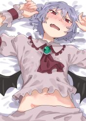 Rule 34 | 1girl, arms up, ascot, bat wings, blush, collared shirt, commentary request, fangs, flat chest, frilled shirt collar, frills, from above, grey hair, grey shirt, highres, looking at viewer, lying, midriff, navel, on back, on bed, open mouth, red ascot, red eyes, remilia scarlet, shirt, short hair, skin fangs, sobayu to tenpura, solo, sweatdrop, touhou, wings, wrist cuffs