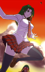 Rule 34 | 1girl, alicia (bullet witch), alicia (bullet witch), aq interactive, blush, bullet witch, cavia, frown, green eyes, green hair, highres, matching hair/eyes, mole, mole under eye, necktie, school uniform, serafuku, skirt, solo, sunset, thighhighs, tonda