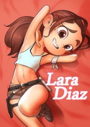 Rule 34 | 1boy, armpits, bare arms, bare shoulders, belt, belt buckle, brown eyes, brown hair, buckle, cosplay, crop top, crossdressing, highres, kaze fukeba nanashi, lara croft, lara croft (cosplay), long hair, lying, male focus, marco diaz, mole, mole under eye, navel, on back, panties, pinup (style), ponytail, short shorts, shorts, solo, star vs the forces of evil, teeth, tomb raider, toon (style), trap, underwear