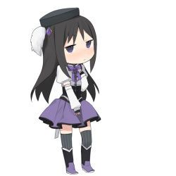 Rule 34 | 1girl, adapted costume, akemi homura, beret, black hair, boots, chibi, cosplay, detached sleeves, female focus, full body, hat, long hair, magical girl, mahou shoujo madoka magica, mahou shoujo madoka magica (anime), purple eyes, simple background, skirt, solo, striped clothes, striped thighhighs, thighhighs, tomoe mami, tomoe mami (cosplay), tsuduya (knt31), vertical-striped clothes, vertical-striped thighhighs, white background, zettai ryouiki