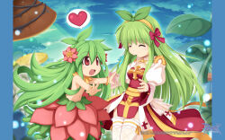 2girls :d alraune arch_bishop_(ragnarok_online) blue_sky blush bow bow_hairband breasts cleavage_cutout closed_eyes closed_mouth clothing_cutout cloud copyright_notice cross derivative_work dress feet_out_of_frame fishnet_thighhighs fishnets flower frilled_thighhighs frills green_bow green_hair hair_bow hairband heart highres juliet_sleeves leaf_in_mouth long_hair long_sleeves medium_breasts monster_girl multiple_girls navel official_art official_wallpaper open_mouth pinguicula pink_flower plant_girl puffy_sleeves ragnarok_online red_bow red_dress red_eyes sash screenshot_redraw sky smile spoken_heart thighhighs two-tone_dress very_long_hair white_dress white_thighhighs yellow_hairband yellow_sash yuichirou