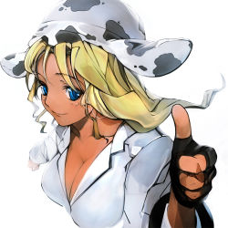 Rule 34 | 1girl, animal ears, animal hat, animal print, blonde hair, blue eyes, breasts, cleavage, cow print, fingerless gloves, gloves, hat, large breasts, pupps, solo, thumbs up