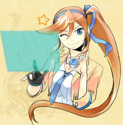 Rule 34 | 1girl, ace attorney, athena cykes, black gloves, blue eyes, blue necktie, blue ribbon, breasts, brown hair, closed mouth, crescent, crescent earrings, earrings, female focus, gloves, hair ribbon, hands up, happy, holding, holographic interface, jacket, jewelry, long hair, looking at viewer, m/, medium breasts, necklace, necktie, one eye closed, open clothes, open jacket, partially fingerless gloves, phoenix wright: ace attorney - dual destinies, ribbon, shirt, side ponytail, sidelocks, single earring, single glove, smile, solo, star (symbol), swept bangs, tatsuri (forest penguin), upper body, v-shaped eyebrows, very long hair, white shirt, wink, yellow background, yellow jacket, yellow theme