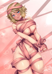 Rule 34 | 1girl, alternate breast size, artist name, blonde hair, blue eyes, blush, bound, breasts squeezed together, breasts, creatures (company), game freak, grin, groin, highres, large breasts, looking at viewer, navel, nintendo, pink background, pink ribbon, pokemon, pokemon (anime), pokemon xy (anime), ribbon, serena (pokemon), short hair, skindentation, smile, solo, takecha, thick thighs, thighs, tied up, valentine