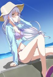 Rule 34 | 1girl, bare legs, beach, bikini, blue eyes, blue hair, blue sky, breasts, cl (h-sys.), cleavage, commentary request, day, dutch angle, groin, hair ornament, hairclip, hat, highres, idolmaster, idolmaster million live!, idolmaster million live! theater days, jacket, jacket over swimsuit, knee up, light blue hair, long hair, long sleeves, looking at viewer, looking to the side, medium breasts, navel, outdoors, sandals, shiraishi tsumugi, sitting, sky, solo, swimsuit