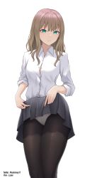 Rule 34 | 1girl, absurdres, black pantyhose, black skirt, brown hair, button gap, closed mouth, green eyes, gridman universe, highres, lazier, lifting own clothes, long sleeves, looking at viewer, minami yume, panties, panties under pantyhose, pantyhose, short hair, simple background, skirt, solo, ssss.dynazenon, standing, underwear, white background, white panties
