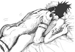 Rule 34 | 2boys, absurdres, anal, arm tattoo, ass, bed sheet, completely nude, facial tattoo, fushiguro megumi, highres, jujutsu kaisen, leg tattoo, lying on person, male focus, male penetrated, monochrome, multiple boys, nail polish, nude, prone bone, ryoumen sukuna (jujutsu kaisen), screaming, sex, sex from behind, short hair, shoulder tattoo, size difference, spiked hair, tattoo, undercut, woshihedawei, yaoi