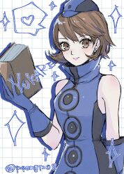 Rule 34 | 1girl, bare shoulders, blue dress, blue gloves, blue hair, book, brown eyes, brown hair, chako (p4amg1208), character name, checkered background, closed mouth, commentary request, cosplay, dress, earrings, elizabeth (persona), elizabeth (persona) (cosplay), gloves, hand up, hat, heart, high collar, highres, holding, holding book, jewelry, light blush, looking at viewer, mini hat, official alternate costume, persona, persona 3, persona 3: dancing moon night, persona 3 reload, persona dancing, pink lips, short hair, sleeveless, sleeveless dress, smile, solo, sparkle, spoken heart, stud earrings, takeba yukari, twitter username, upper body