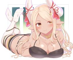 Rule 34 | 1girl, ass, bare shoulders, blonde hair, blush, breasts, cleavage, collarbone, fang, granblue fantasy, highres, jewelry, kumbhira (granblue fantasy), large breasts, long hair, looking at viewer, lying, makabe gorou, no shoes, on stomach, pointy ears, thighhighs, white thighhighs