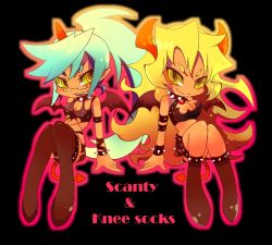 Rule 34 | 10s, 2girls, blush, chibi, colored skin, demon girl, glasses, horns, inumimi-syndrome, kneesocks (psg), multiple girls, panty &amp; stocking with garterbelt, red skin, scanty (psg), siblings, sisters, sitting, smile, tail, thighhighs, wings