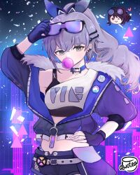 Rule 34 | 2girls, absurdres, arm up, belt, blue choker, blue gloves, blowing bubbles, choker, commentary, crop top, disembodied head, dwotea, english commentary, fingerless gloves, gloves, grey eyes, grey hair, hair ornament, hairclip, hand on own hip, highres, honkai: star rail, honkai (series), jacket, kafka (honkai: star rail), long hair, long sleeves, looking at viewer, midriff, multiple girls, ponytail, purple jacket, purple theme, shirt, silver wolf (honkai: star rail), single-shoulder shirt, single bare shoulder, upper body, white belt, white shirt