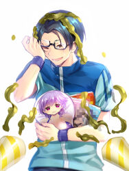 Rule 34 | 1boy, black-framed eyewear, black hair, blue shirt, blue wrist cuffs, blush, book, breast mousepad, breasts, casual, censored, character print, collarbone, commentary request, crying, crying with eyes open, gift, glasses, hand up, happy, happy birthday, happy tears, highres, holding, holding book, holding gift, kanou tenzen, large breasts, lliissaawwuu2, looking at viewer, mizuori shizuku, mosaic censoring, mousepad, mousepad (object), one eye closed, open mouth, parted bangs, party popper, pink eyes, pornography, purple hair, seaweed, semi-rimless eyewear, shirt, short eyebrows, short hair, short sleeves, simple background, smile, solo, streaming tears, summer pockets, tears, white background, wiping tears, wrist cuffs, yellow eyes