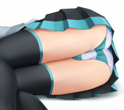 Rule 34 | 1girl, ass, black thighhighs, boots, close-up, eto, hatsune miku, lying, on side, panties, pantyshot, pleated skirt, skirt, solo, striped clothes, striped panties, thigh boots, thighhighs, trefoil, underwear, upskirt, vocaloid