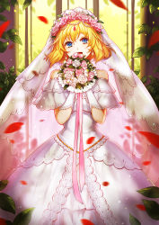 Rule 34 | 1girl, alice margatroid, alternate costume, bare shoulders, blonde hair, blue eyes, bouquet, bridal veil, bride, cowboy shot, dress, earrings, elbow gloves, flower, gloves, highres, jewelry, leaf, open mouth, pink ribbon, plant, ribbon, see-through, short hair, smile, solo, standing, touhou, veil, vetina, wedding dress, white dress, white gloves